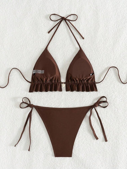 Fırfırlı Askılı Kırmızı Bikini Takımı Niebbla