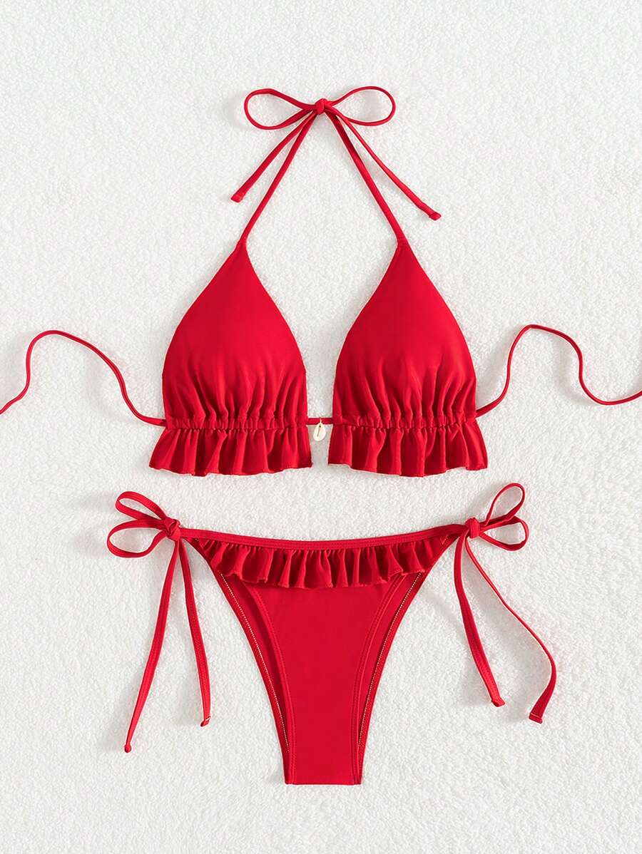 Fırfırlı Askılı Kırmızı Bikini Takımı Niebbla