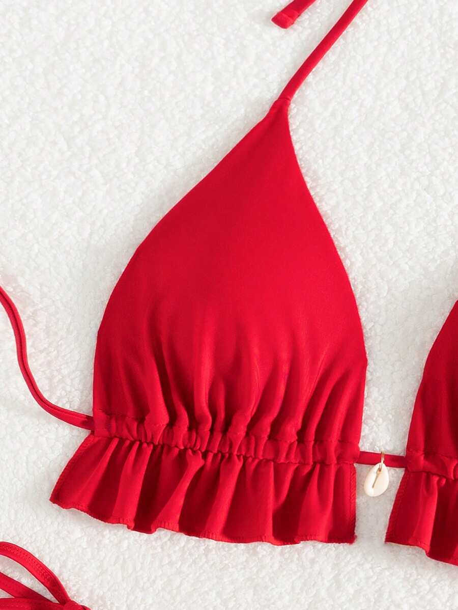 Fırfırlı Askılı Kırmızı Bikini Takımı Niebbla