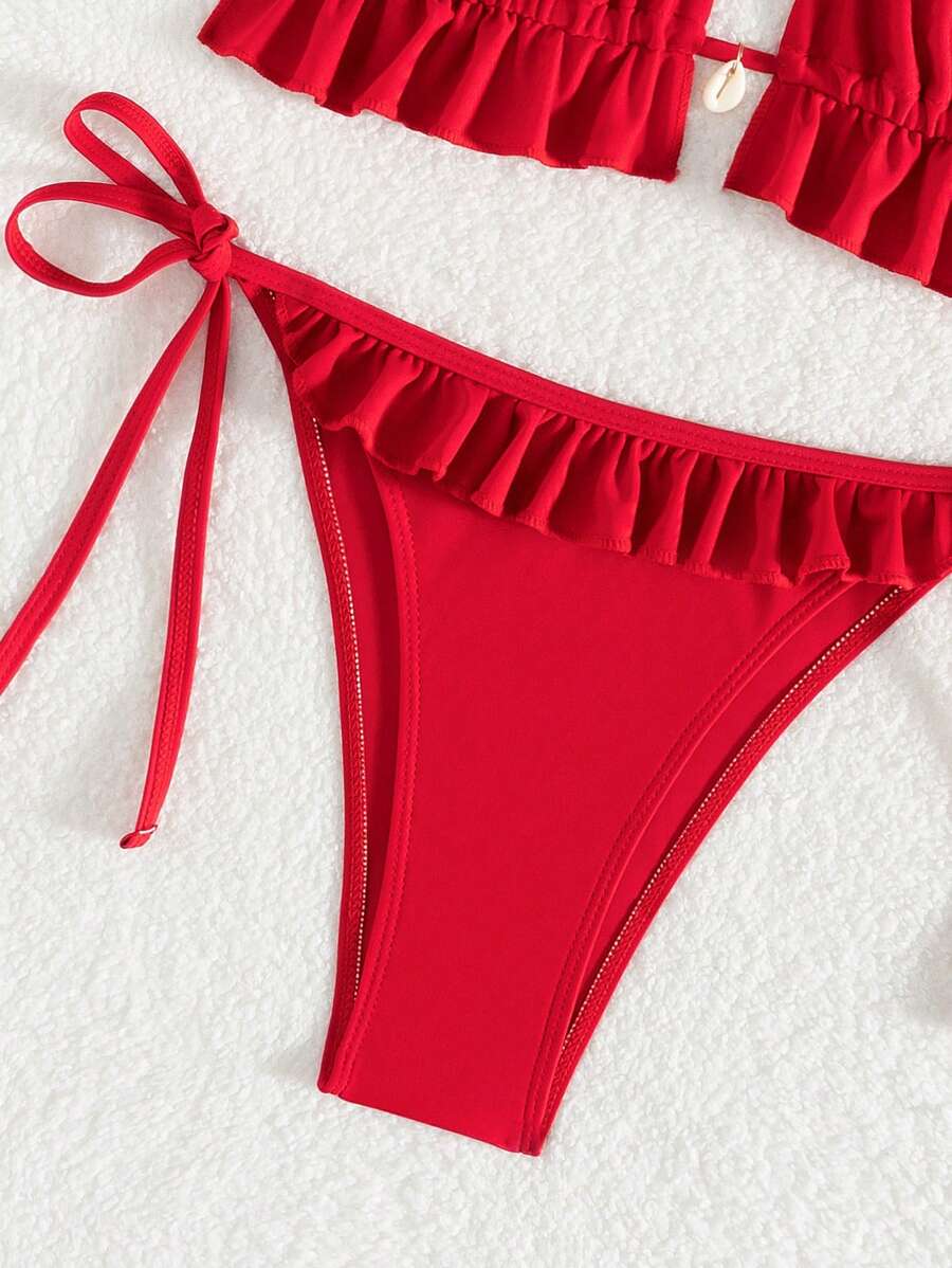 Fırfırlı Askılı Kırmızı Bikini Takımı Niebbla