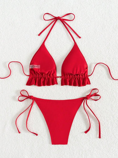 Fırfırlı Askılı Kırmızı Bikini Takımı Niebbla