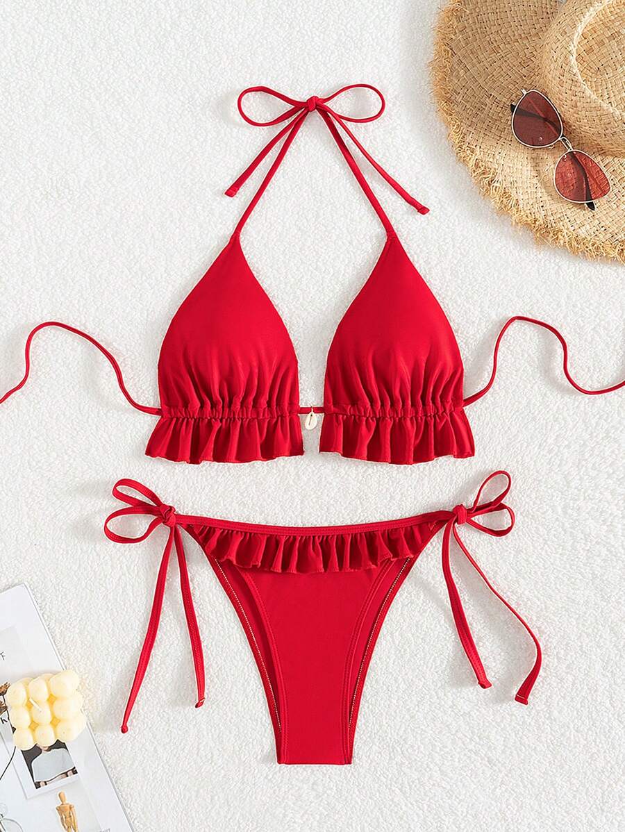 Fırfırlı Askılı Kırmızı Bikini Takımı Niebbla