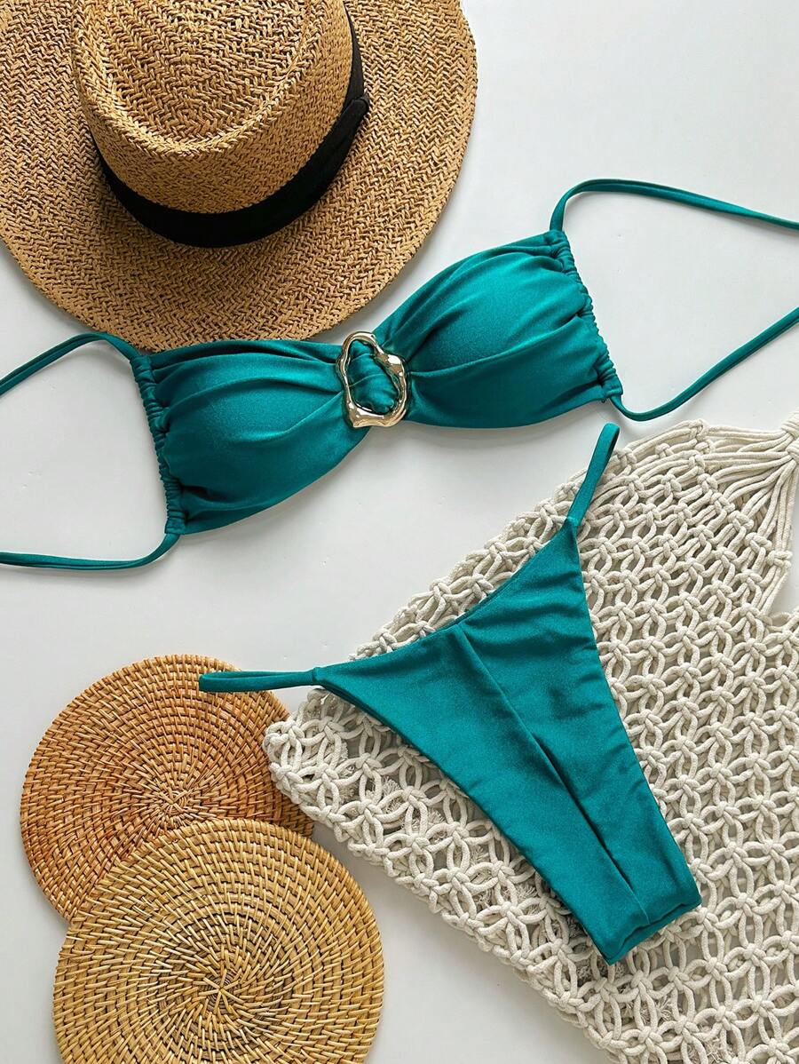Pembe Straplez Bağcıklı Metal Detaylı Bikini Takımı Niebbla