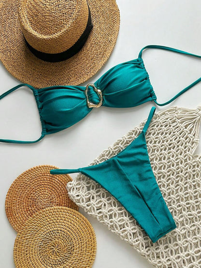 Pembe Straplez Bağcıklı Metal Detaylı Bikini Takımı Niebbla