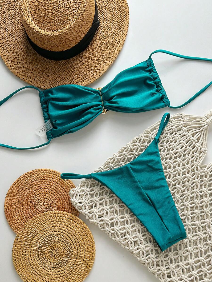 Pembe Straplez Bağcıklı Metal Detaylı Bikini Takımı Niebbla