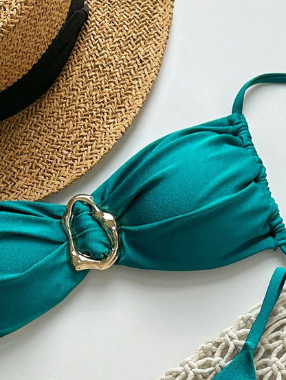 Pembe Straplez Bağcıklı Metal Detaylı Bikini Takımı Niebbla