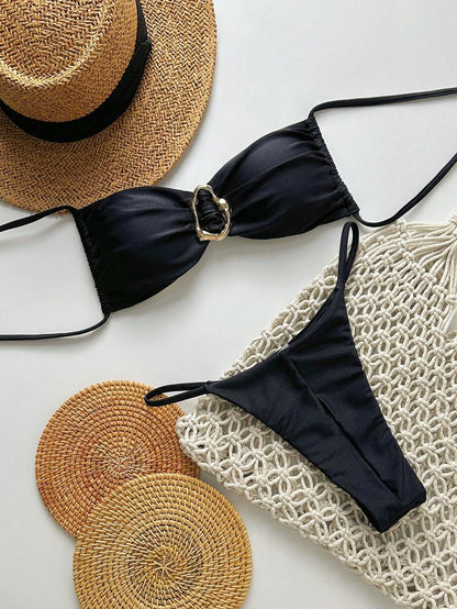 Pembe Straplez Bağcıklı Metal Detaylı Bikini Takımı Niebbla