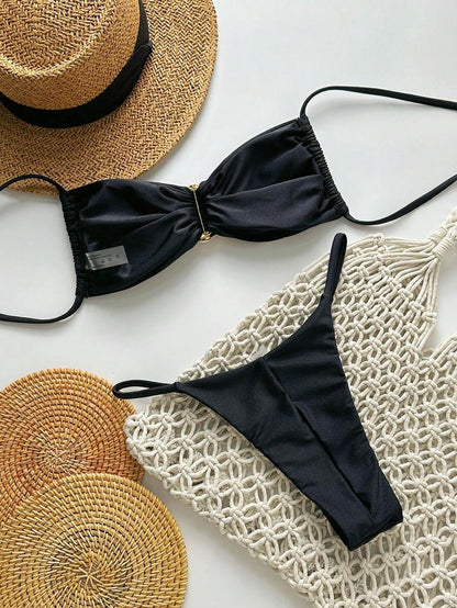 Pembe Straplez Bağcıklı Metal Detaylı Bikini Takımı Niebbla