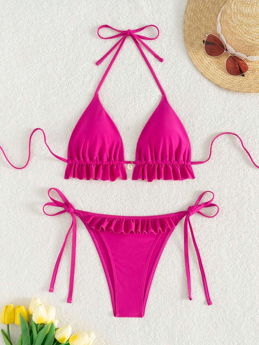 Fırfırlı Askılı Kırmızı Bikini Takımı Niebbla