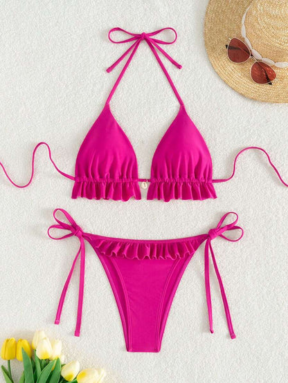Fırfırlı Askılı Kırmızı Bikini Takımı Niebbla