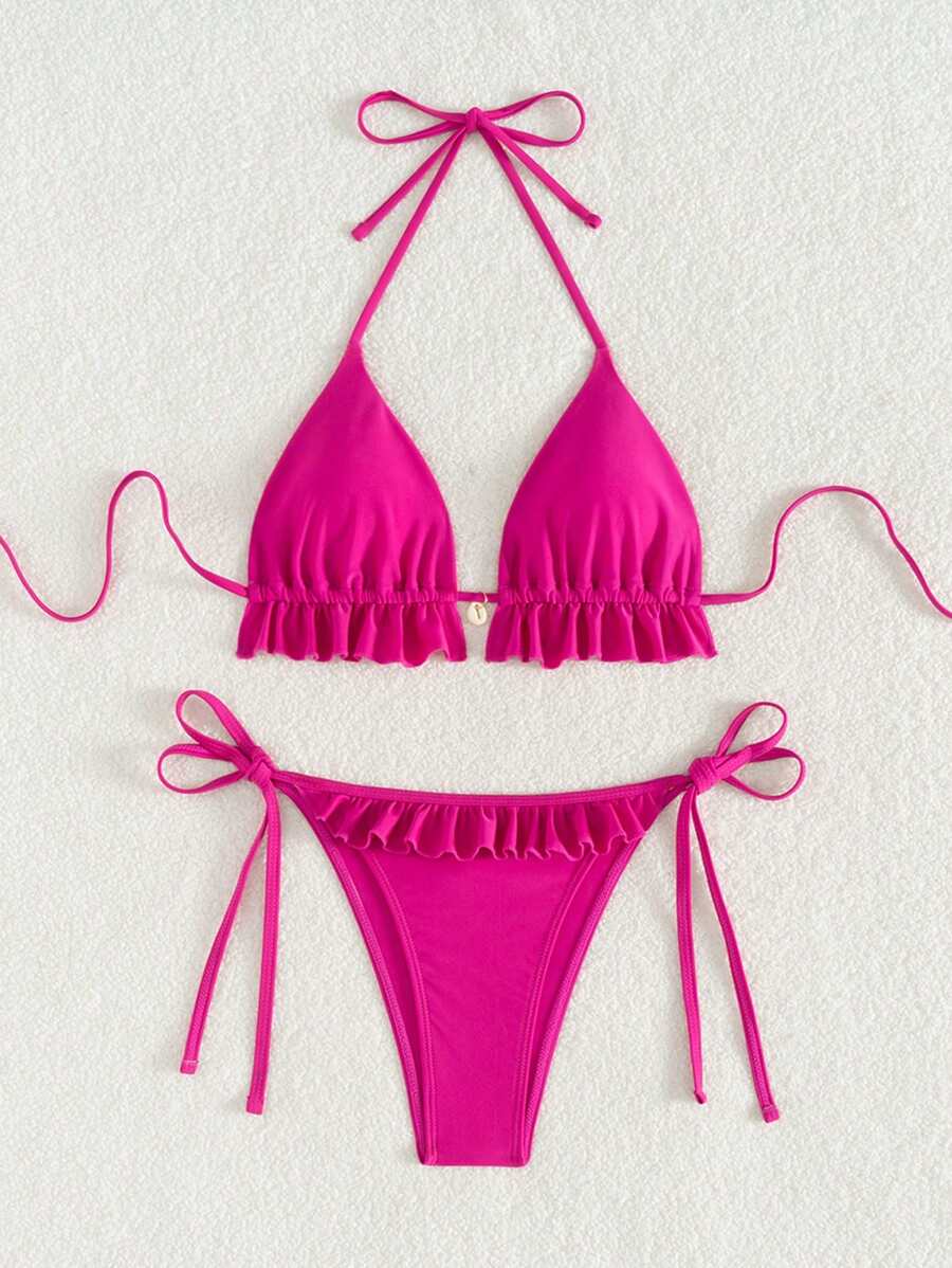 Fırfırlı Askılı Kırmızı Bikini Takımı Niebbla