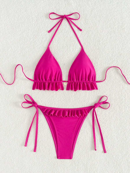 Fırfırlı Askılı Kırmızı Bikini Takımı Niebbla