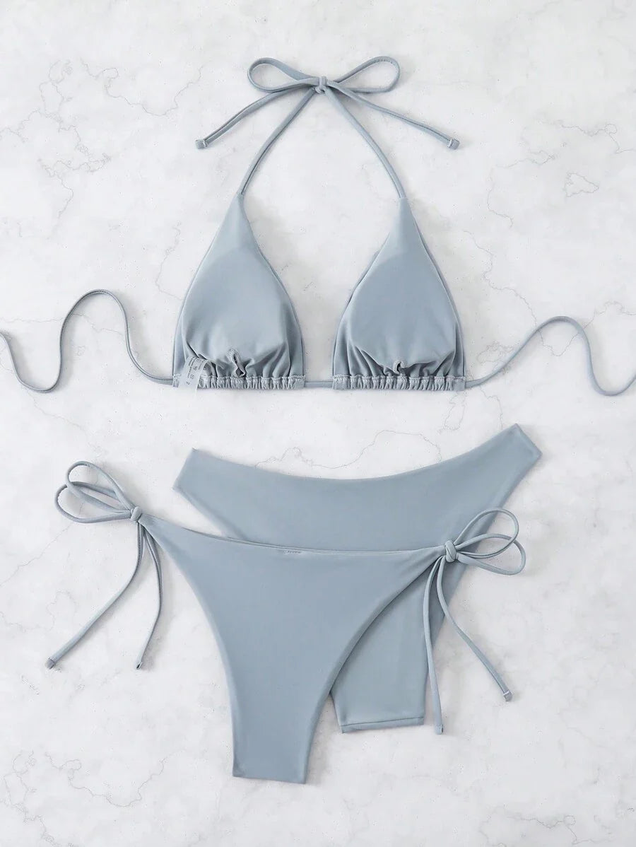 3 Parça Halter Üst + Üçgen Alt + Bağcıklı Şort Bikini Takımı Niebbla