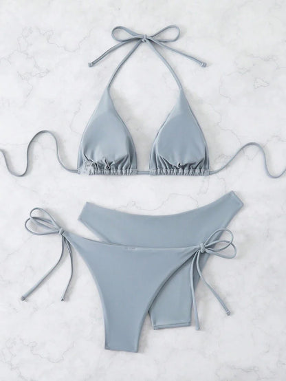 3 Parça Halter Üst + Üçgen Alt + Bağcıklı Şort Bikini Takımı Niebbla