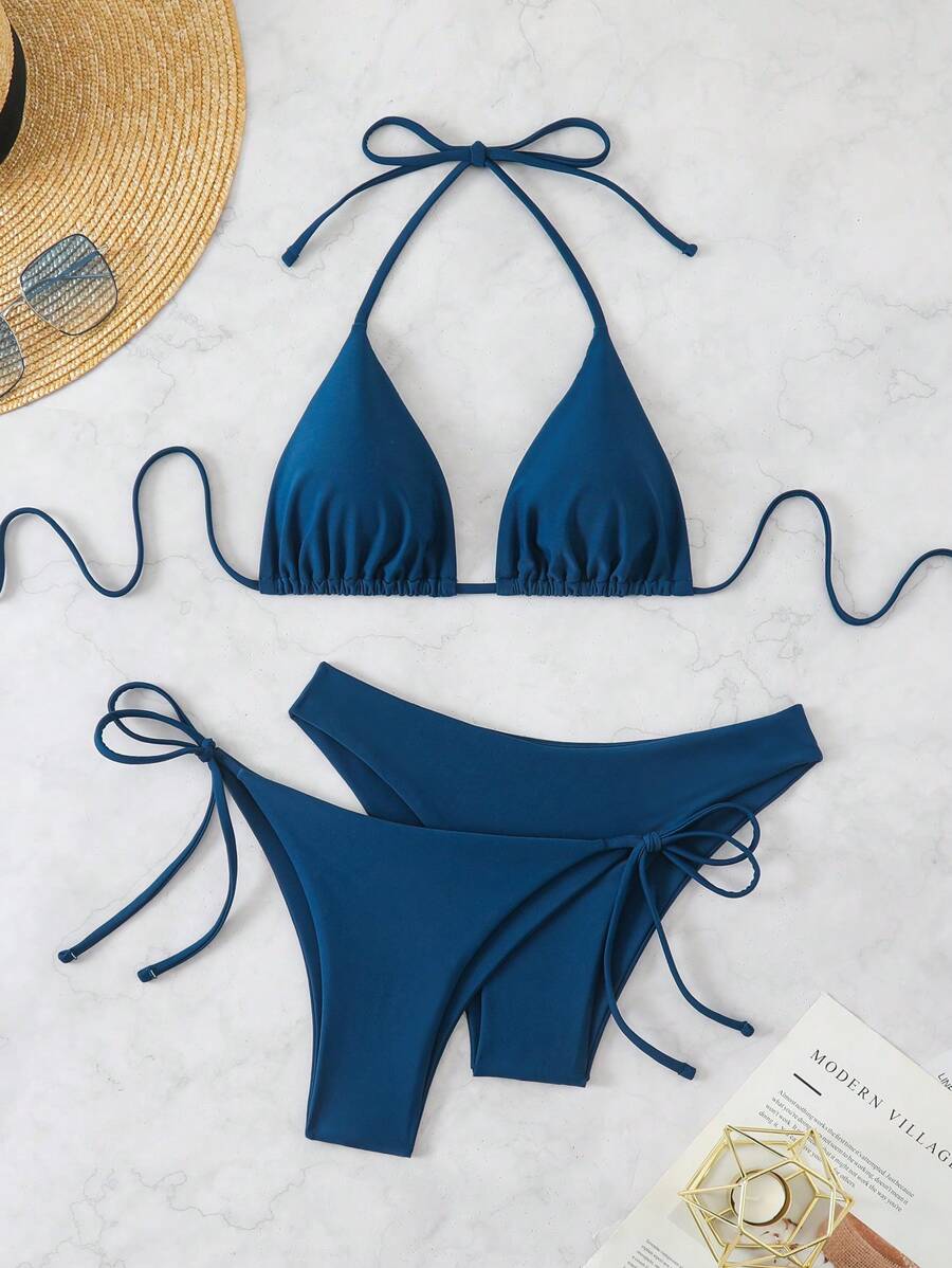3 Parça Halter Üst + Üçgen Alt + Bağcıklı Şort Bikini Takımı Niebbla