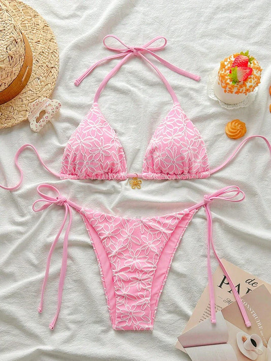 Çiçek Desenli Boyundan Bağlamalı Bikini Ve Bağcıklı Bikini Altı Takımı Niebbla