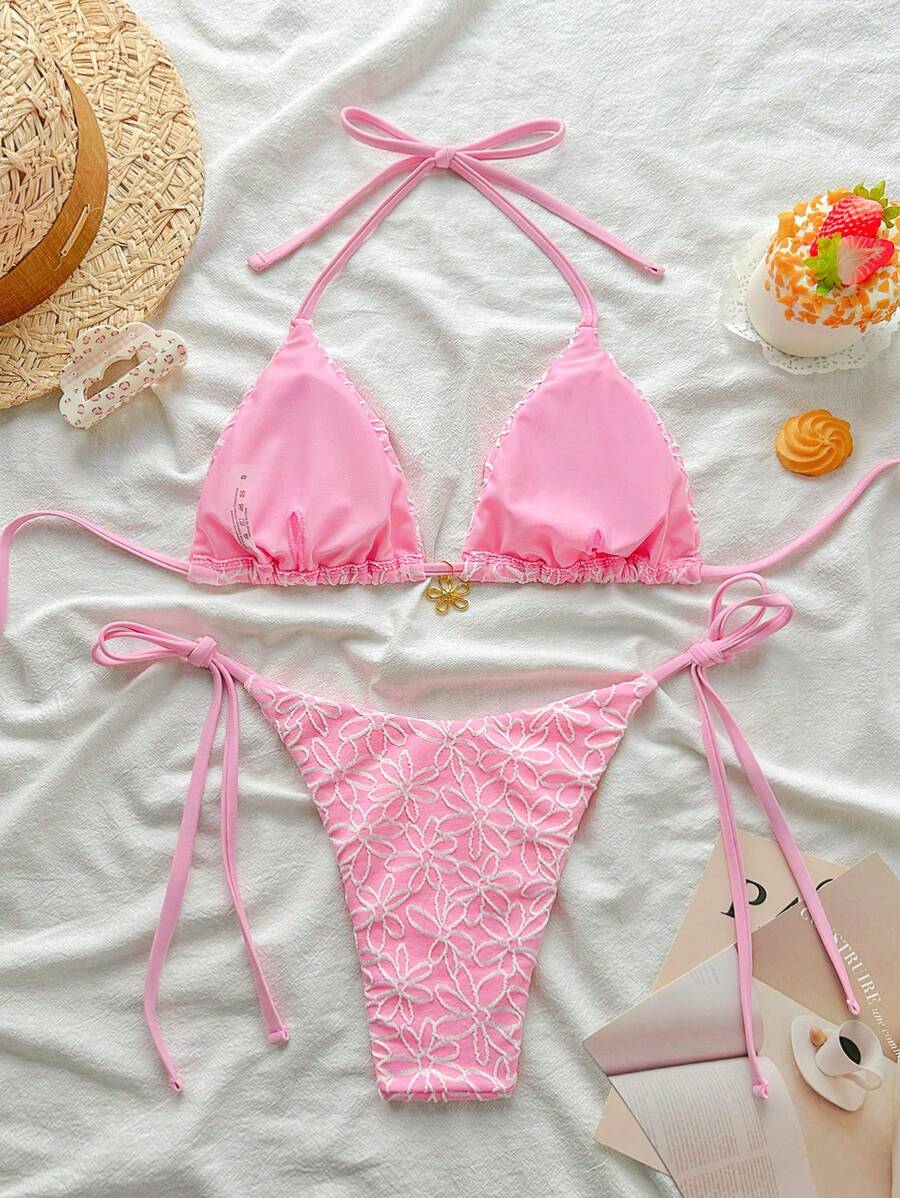 Çiçek Desenli Boyundan Bağlamalı Bikini Ve Bağcıklı Bikini Altı Takımı Niebbla