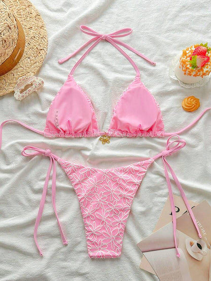 Çiçek Desenli Boyundan Bağlamalı Bikini Ve Bağcıklı Bikini Altı Takımı Niebbla