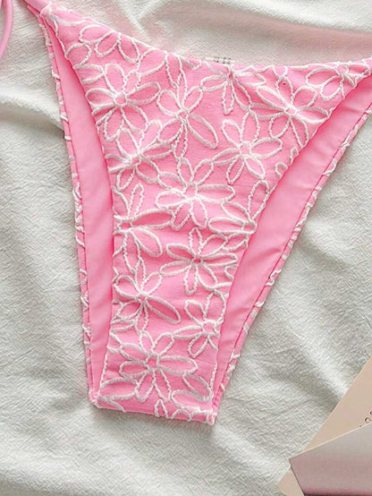 Çiçek Desenli Boyundan Bağlamalı Bikini Ve Bağcıklı Bikini Altı Takımı Niebbla