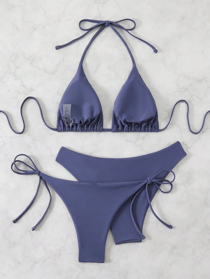 3 Parça Halter Üst + Üçgen Alt + Bağcıklı Şort Bikini Takımı Niebbla