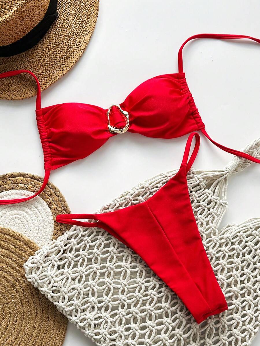 Pembe Straplez Bağcıklı Metal Detaylı Bikini Takımı Niebbla