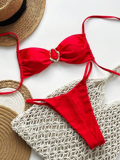Pembe Straplez Bağcıklı Metal Detaylı Bikini Takımı Niebbla