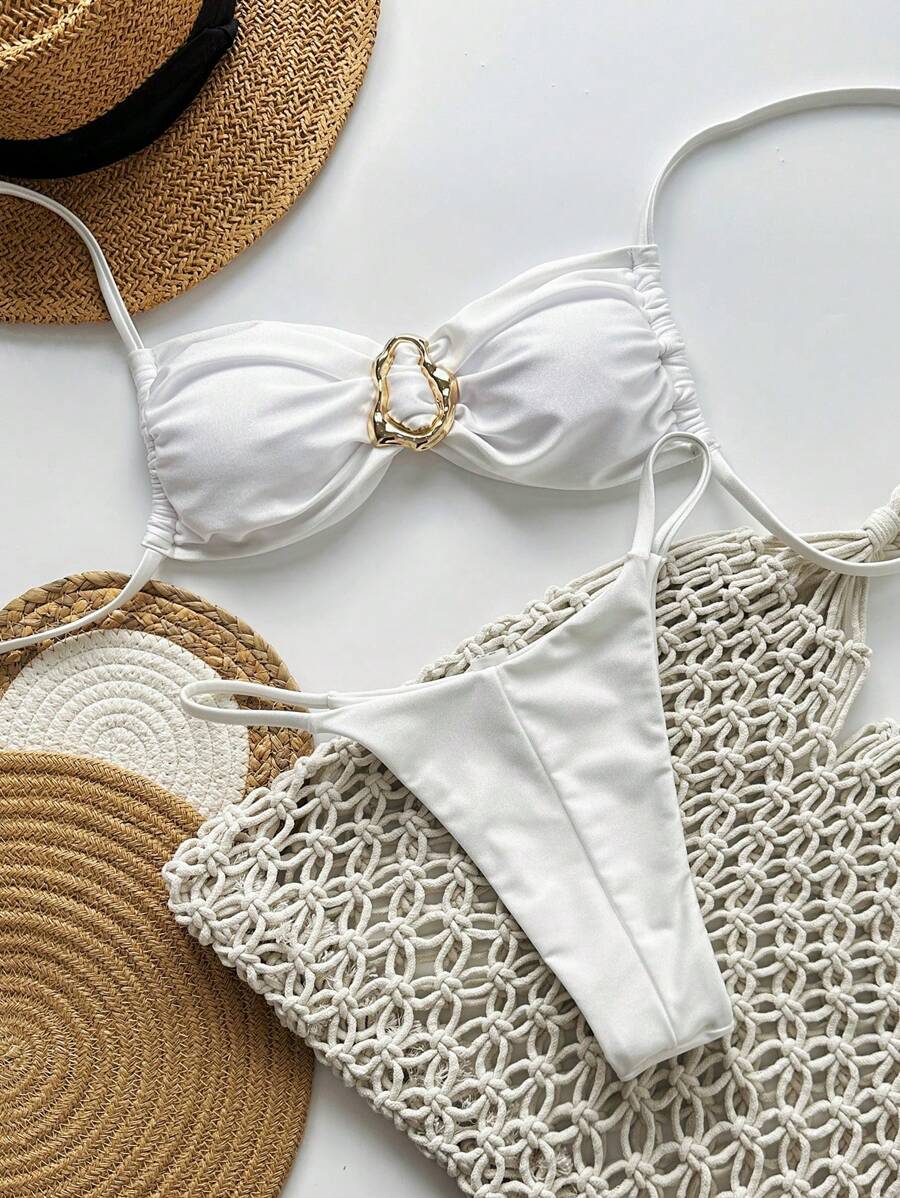 Pembe Straplez Bağcıklı Metal Detaylı Bikini Takımı Niebbla