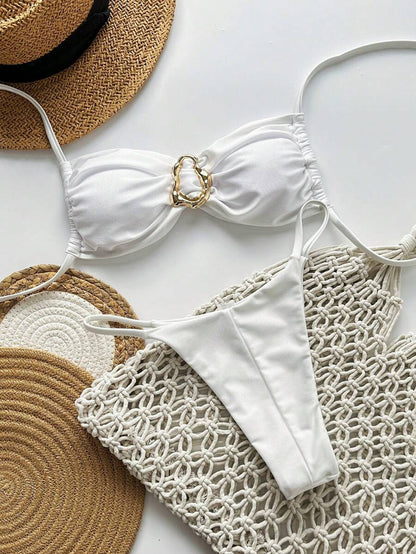 Pembe Straplez Bağcıklı Metal Detaylı Bikini Takımı Niebbla
