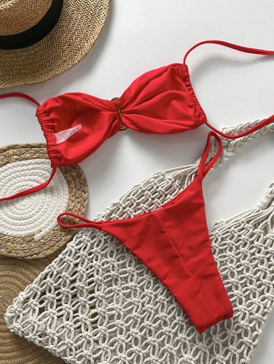 Pembe Straplez Bağcıklı Metal Detaylı Bikini Takımı Niebbla