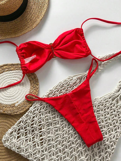 Pembe Straplez Bağcıklı Metal Detaylı Bikini Takımı Niebbla