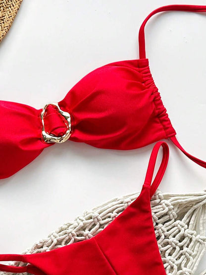 Pembe Straplez Bağcıklı Metal Detaylı Bikini Takımı Niebbla