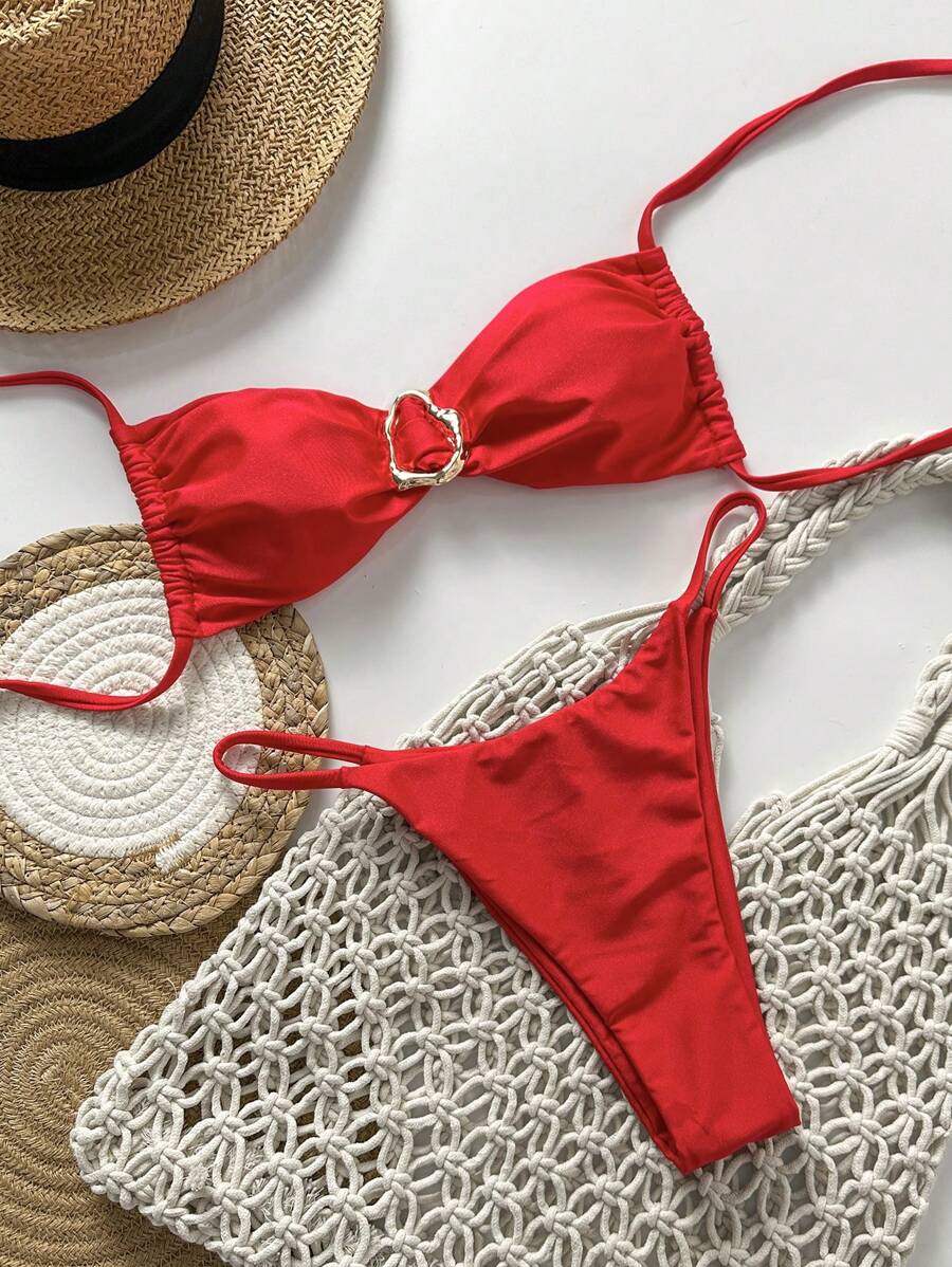 Pembe Straplez Bağcıklı Metal Detaylı Bikini Takımı Niebbla