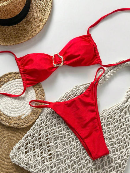 Pembe Straplez Bağcıklı Metal Detaylı Bikini Takımı Niebbla