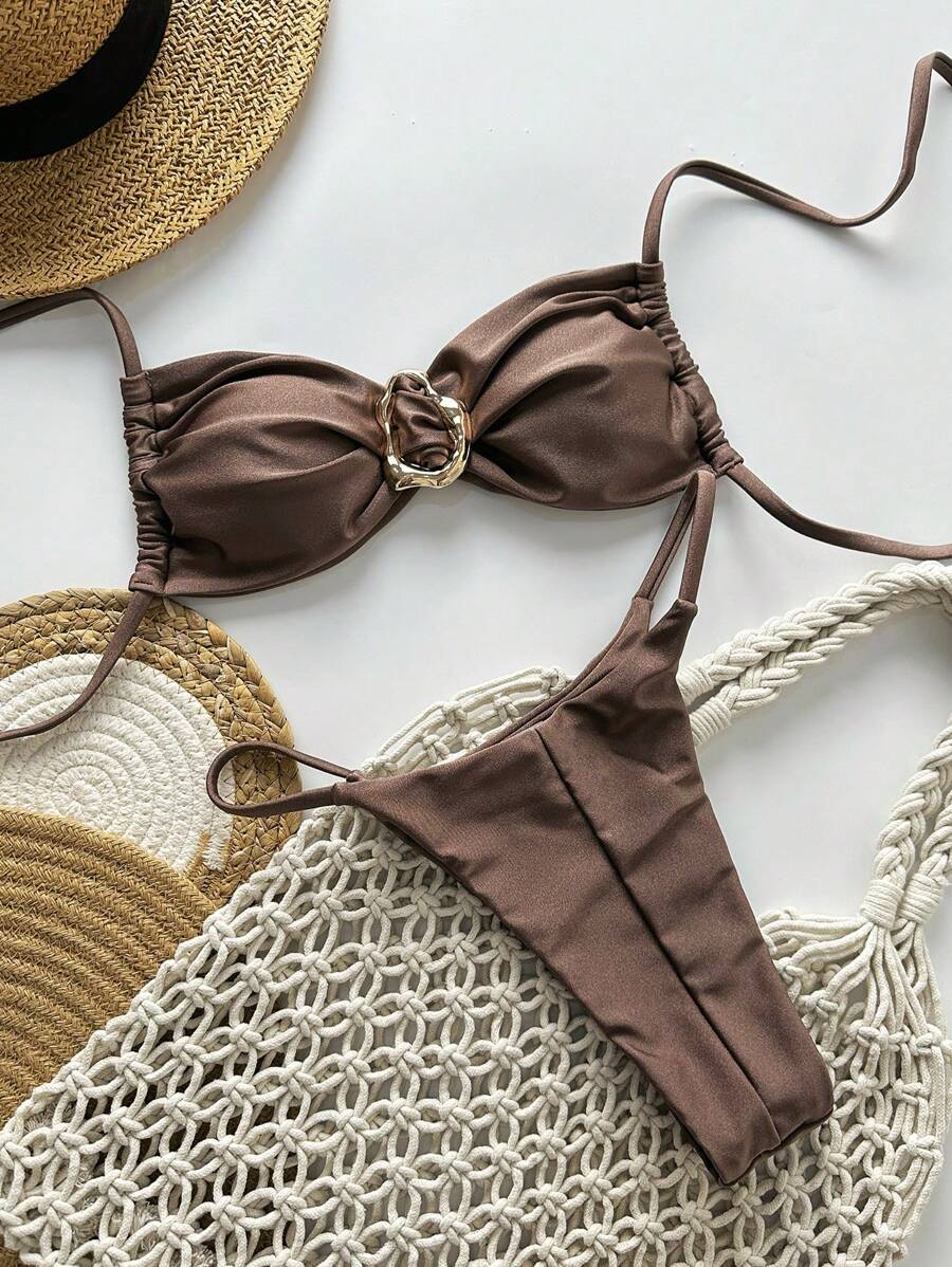 Pembe Straplez Bağcıklı Metal Detaylı Bikini Takımı Niebbla