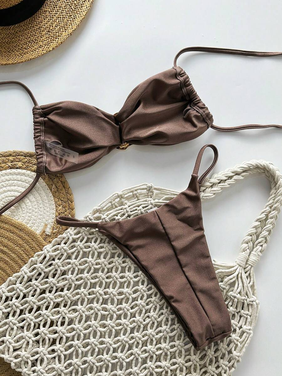 Pembe Straplez Bağcıklı Metal Detaylı Bikini Takımı Niebbla