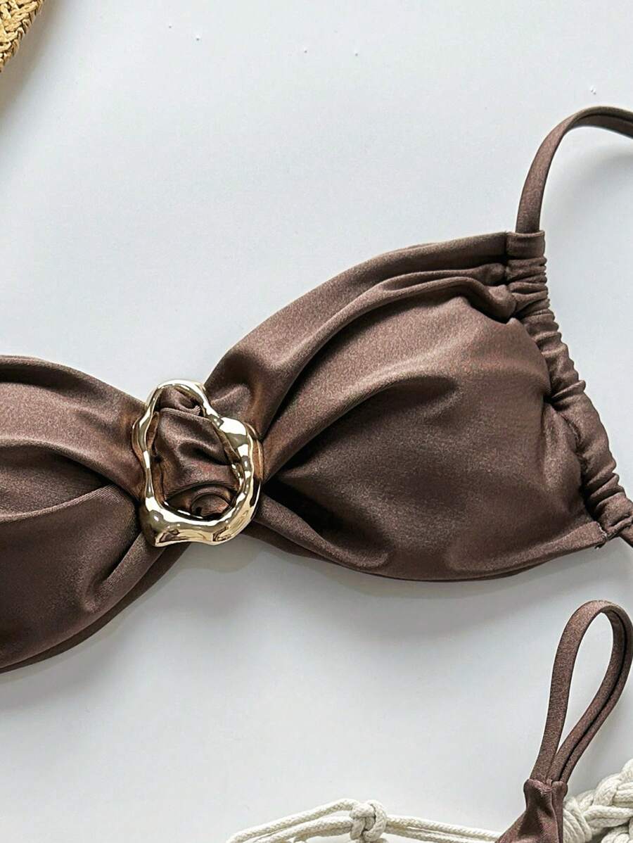 Pembe Straplez Bağcıklı Metal Detaylı Bikini Takımı Niebbla