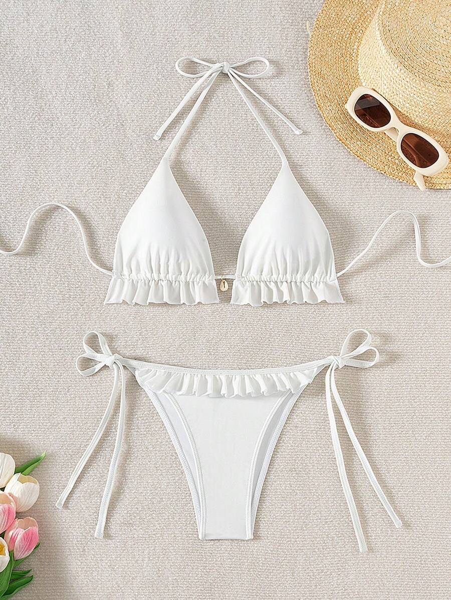 Fırfırlı Askılı Kırmızı Bikini Takımı Niebbla