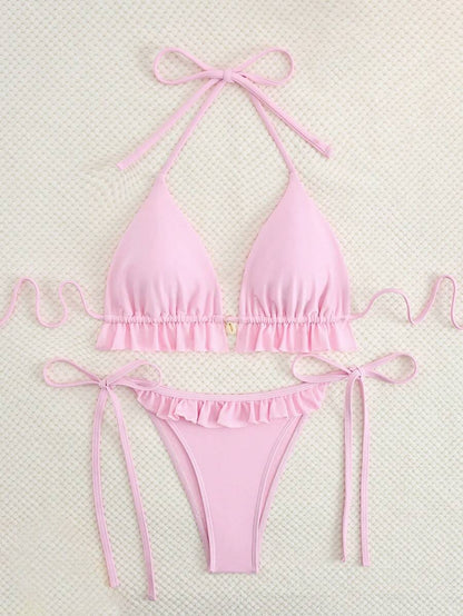 Fırfırlı Askılı Kırmızı Bikini Takımı Niebbla