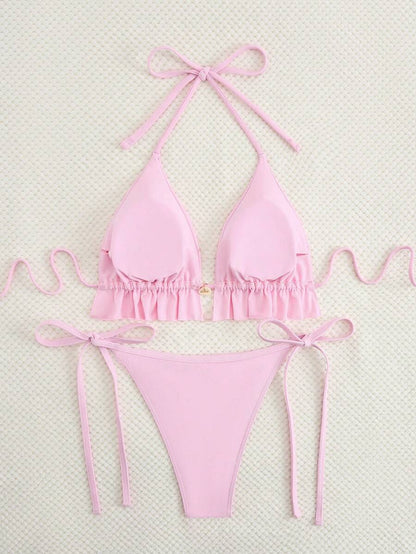 Fırfırlı Askılı Kırmızı Bikini Takımı Niebbla