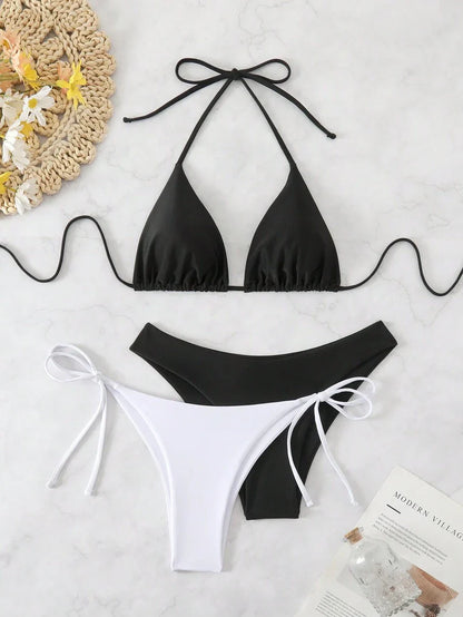 3 Parça Halter Üst + Üçgen Alt + Bağcıklı Şort Bikini Takımı Niebbla
