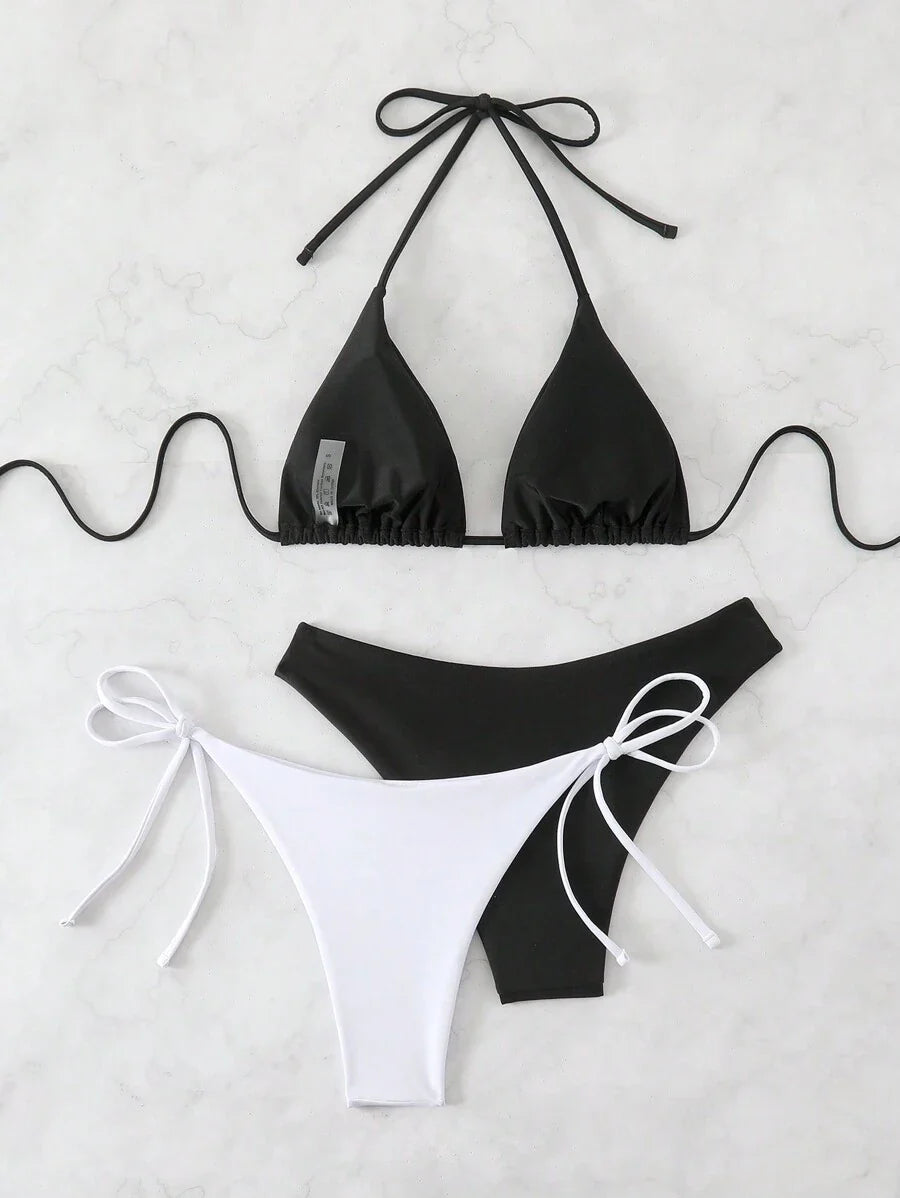 3 Parça Halter Üst + Üçgen Alt + Bağcıklı Şort Bikini Takımı Niebbla
