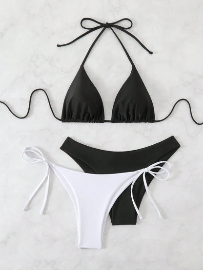 3 Parça Halter Üst + Üçgen Alt + Bağcıklı Şort Bikini Takımı Niebbla