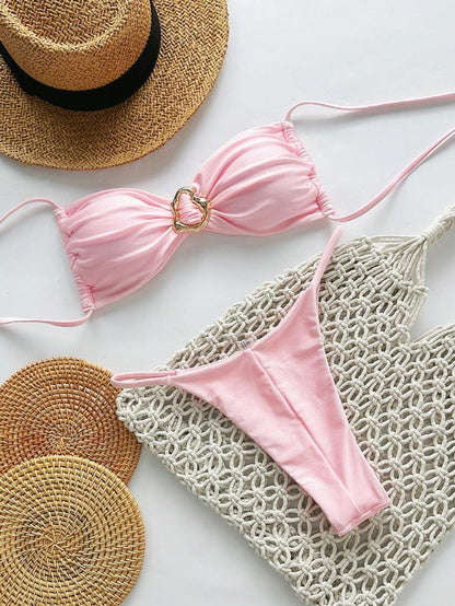 Pembe Straplez Bağcıklı Metal Detaylı Bikini Takımı Niebbla