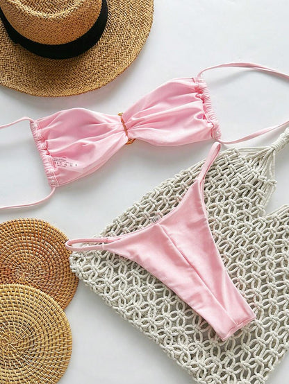 Pembe Straplez Bağcıklı Metal Detaylı Bikini Takımı Niebbla