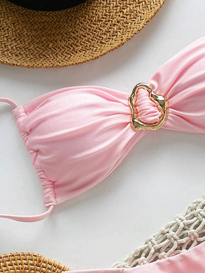 Pembe Straplez Bağcıklı Metal Detaylı Bikini Takımı Niebbla