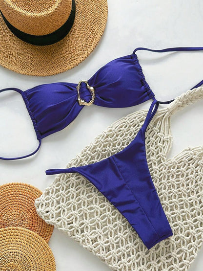 Pembe Straplez Bağcıklı Metal Detaylı Bikini Takımı Niebbla