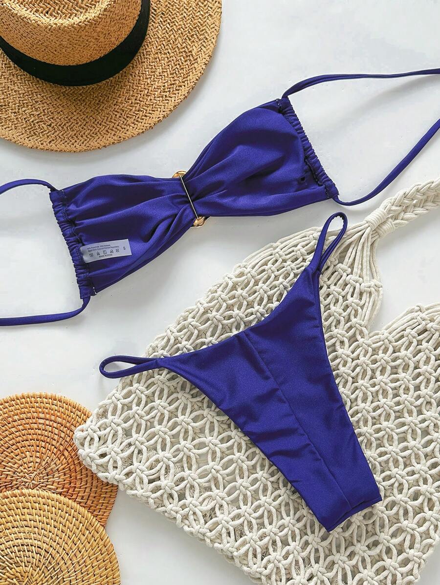 Pembe Straplez Bağcıklı Metal Detaylı Bikini Takımı Niebbla