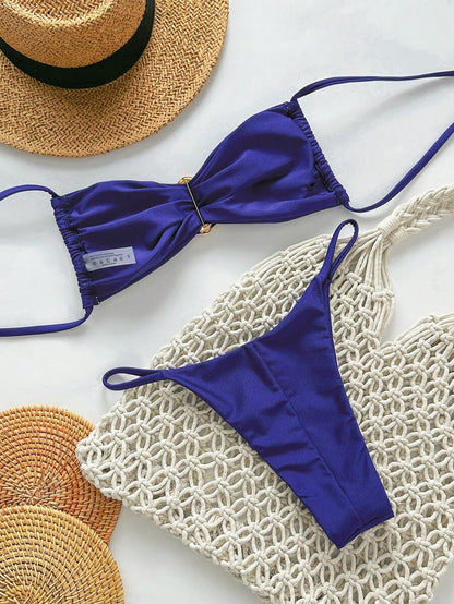 Pembe Straplez Bağcıklı Metal Detaylı Bikini Takımı Niebbla