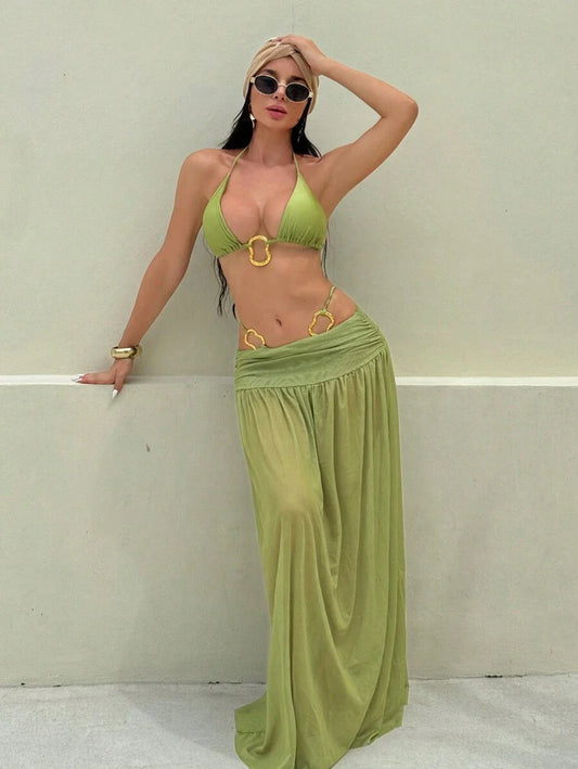 Parlak Kumaş Boyundan Bağlamalı Bikini, Asimetrik Halka Detaylı Uzun File Plaj Elbisesi Niebbla