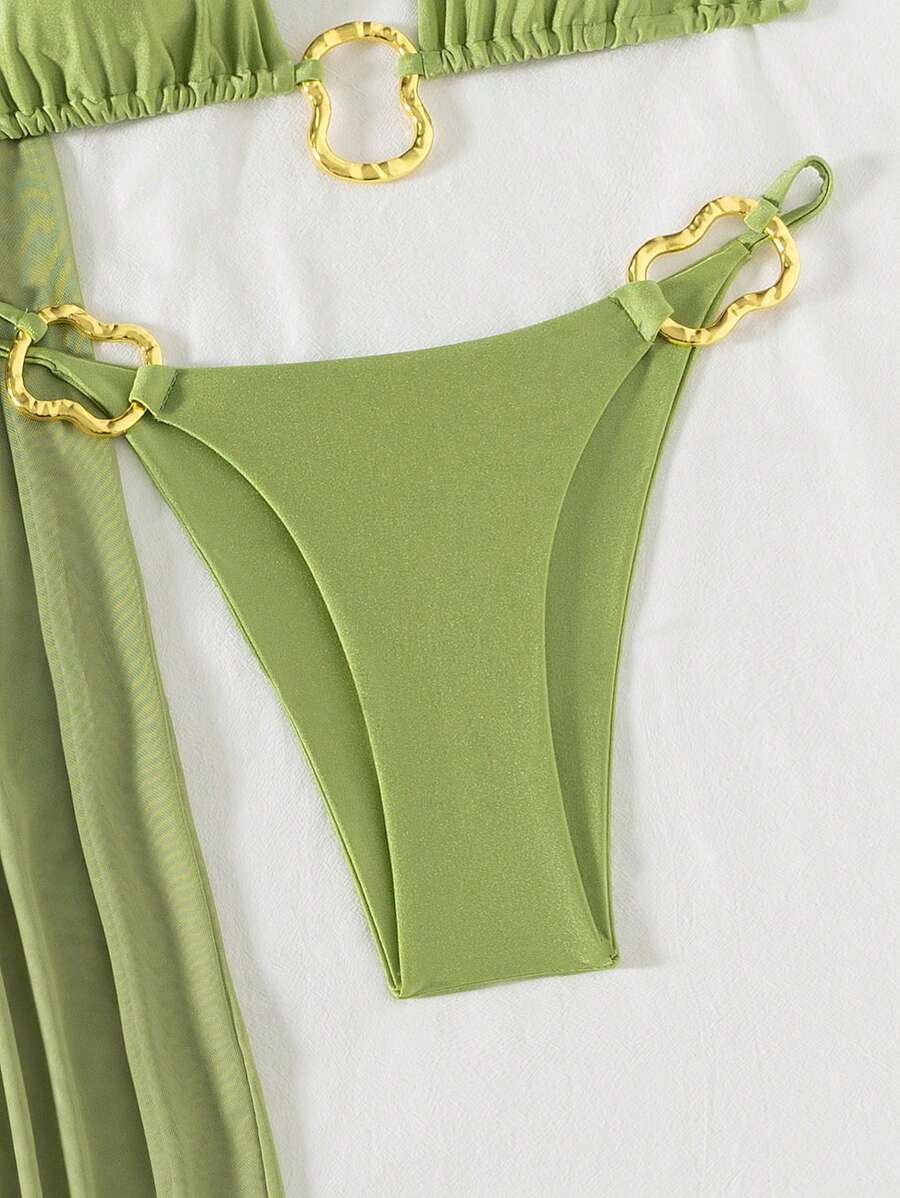 Parlak Kumaş Boyundan Bağlamalı Bikini, Asimetrik Halka Detaylı Uzun File Plaj Elbisesi Niebbla